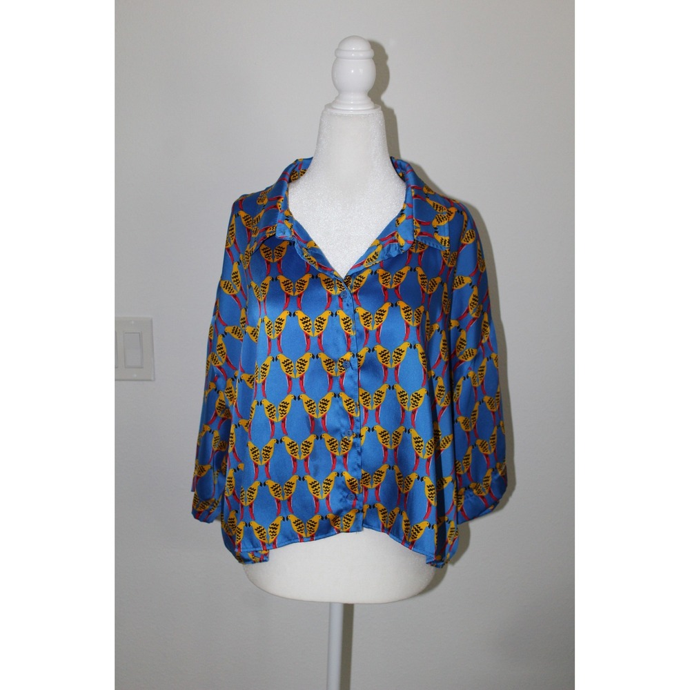 Zara Blue Satin Parrot Print Boxy Cropped Button Down Blouse Tropical Bird Shirt